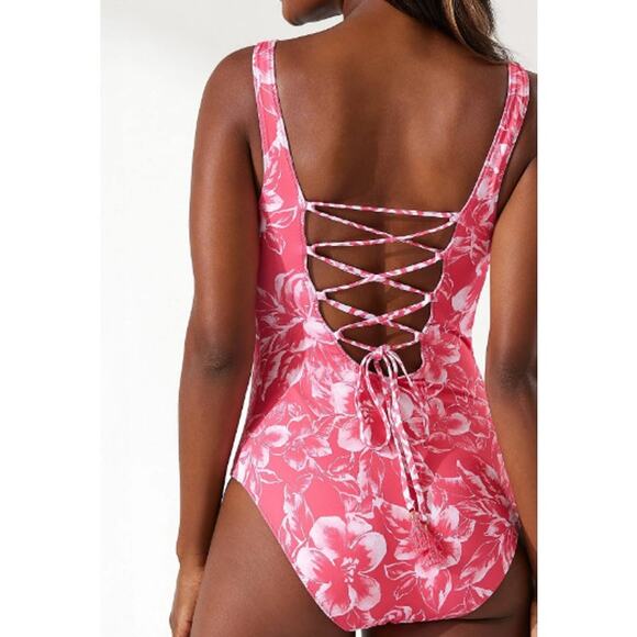 TOMMY BAHAMA Scrolls Reversible Lace Back One-piece In Pink Size 12 - Picture 3 of 14